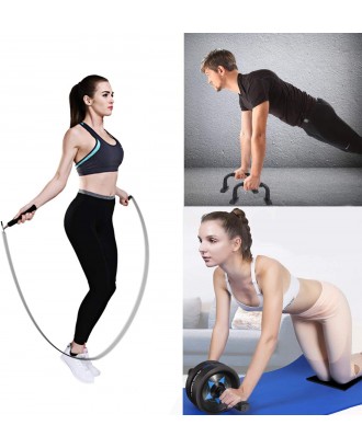 6-in-1 AB Wheel Roller with Knee Pad Push Up Bars Handles Grips Skipping Jump Rope Home Gym Workout Exercise Equipment